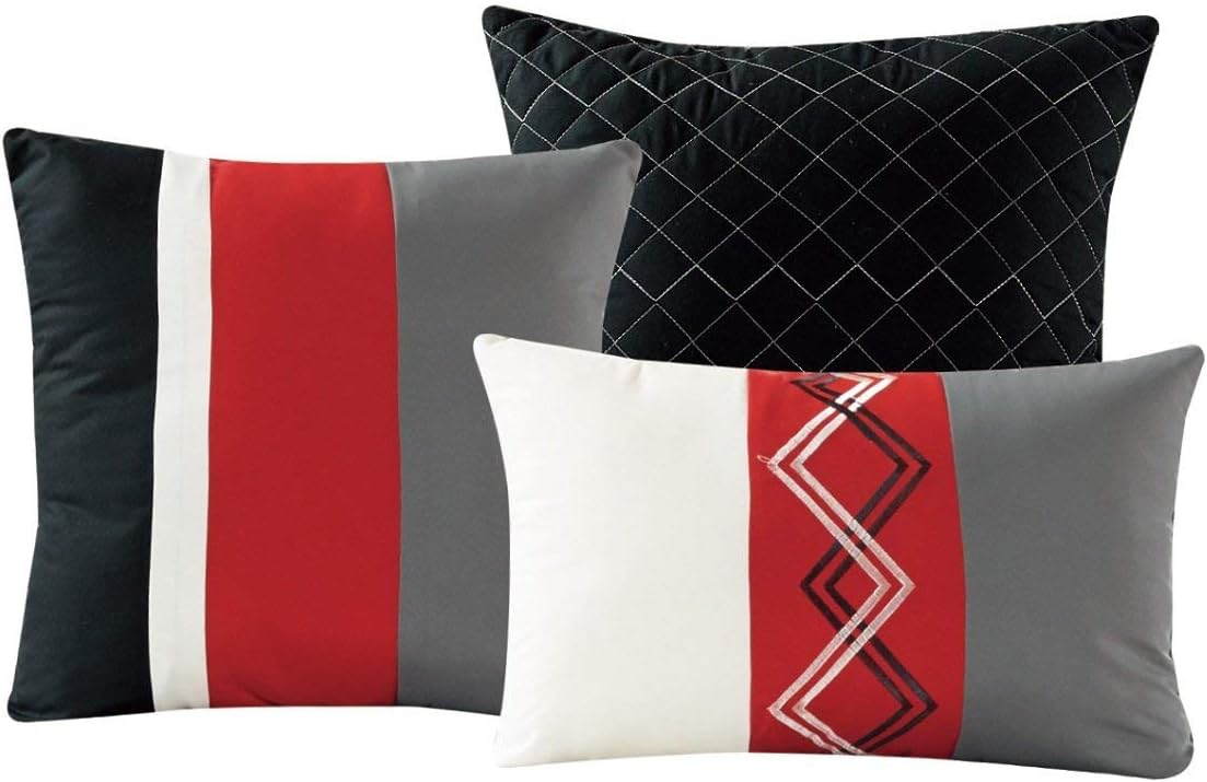 Chezmoi Collection Arden 7-Piece Modern Pleated Stripe Embroidered Zigzag Bedding Comforter Set (Oversized King, Red/Black/Gray/Off-White)