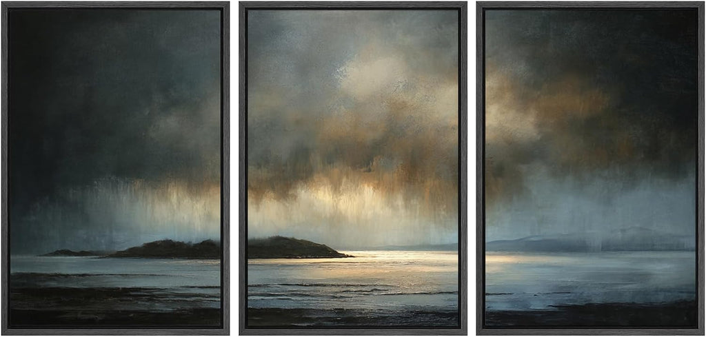 SIGNWIN Framed Canvas Print Wall Art Set Moody Ocean Sunset Dark Blue and Gold Seascape Landscape Illustrations Modern Art Decorative Scenic Rustic for Living Room, Bedroom, Office - 24'x36'x3 Black
