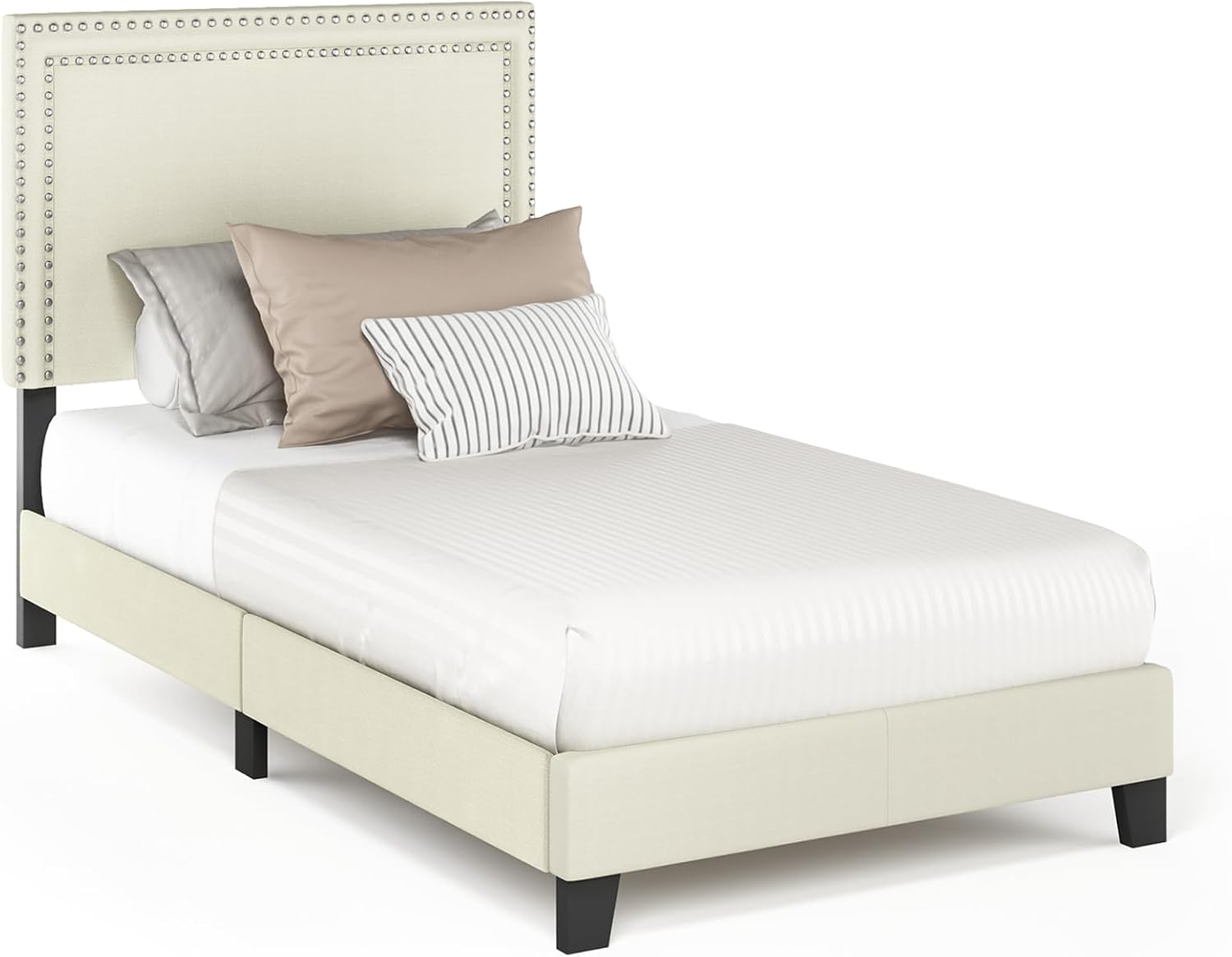 Furinno Laval Double Row Nail Head 12PC Slat Style Bed Frame, Twin, Linen
