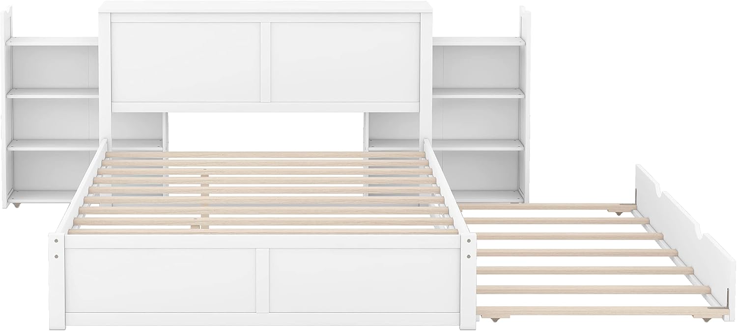 SOFTSEA Queen Bed Frame with Trundle Wood Platform Bed Frame with Pull Out Shevles for Bedroom