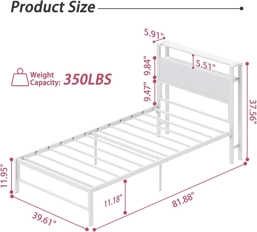 Weehom Twin Bed Frames for Kids, Twin Size Bed with 2 Tiers Wood Shelves Headboard No Box Spring Needed Easy Assembly Heavy Duty Metal Plaform, White