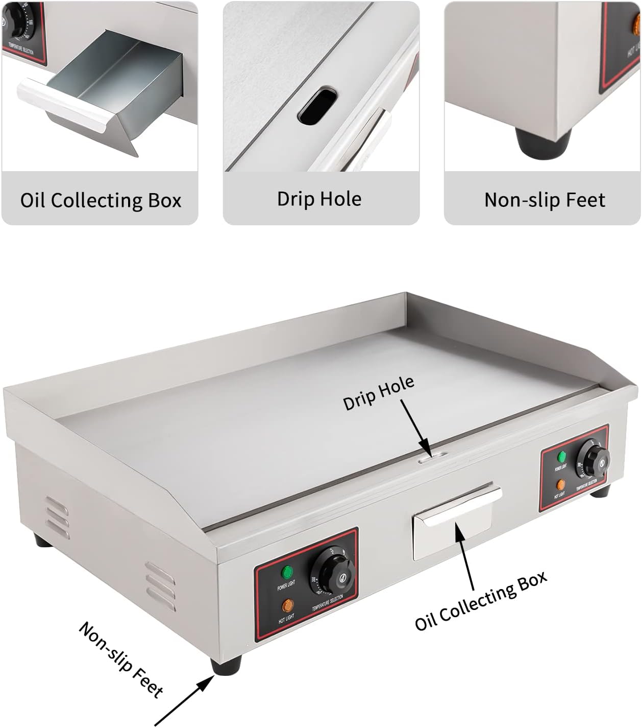 Electric Flat Top Griddle Commercial Electric Countertop Griddle Food Grade Stainless Steel Electric Flat Top Grill W/Adjustable Temperature Control 122-572℉For Kitchen