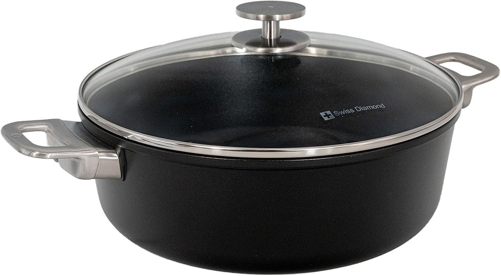 Swiss Diamond Braiser Pan with Lid, Features Stainless Steel Handle, Nonstick Diamond Coated Braising Pan with Lid Oven Safe & Dishwasher Safe, 11', 5.3 Quart, Grey