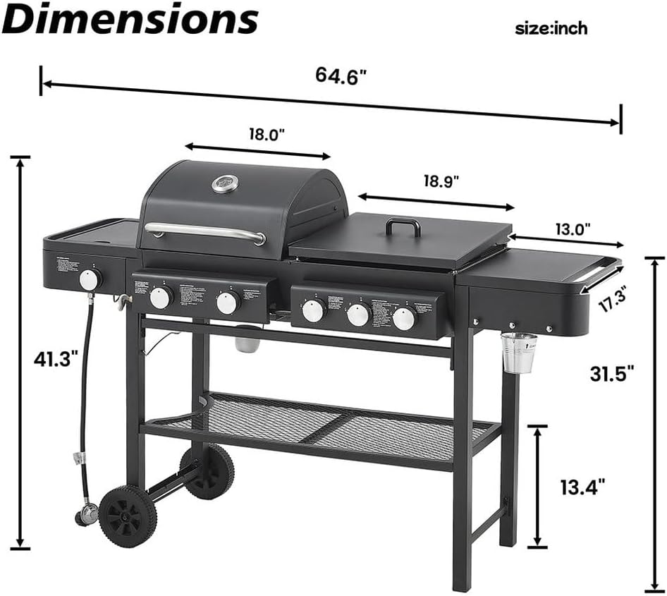5 Burner Gas Grill and Griddle Combo with Side Burner, 3-in-1 Outdoor Propane Grill, 745 Sq. in. Cooking Area, Stainless Steel BBQ Grill on Wheels for Backyard BBQ & Outdoor Cooking