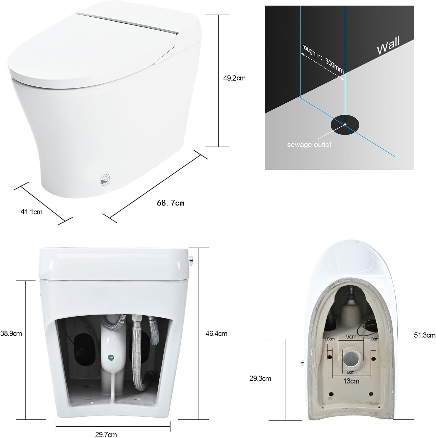 Smart Toilet with Bidet Built in, Tankless Toilet Bidet with Self-Cleaning Nozzle, Cold Water Washing, Foot Sensor Flush, Knob Control, and LED Light