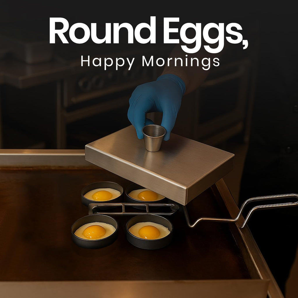 Rattleware Stainless Steel Egg Rings Commercial-Grade Egg Fryer Ring for Frying Eggs – Durable Metal Round Rings with Heat-Resistant Handle – Breakfast Kitchen Gadgets and Egg Cooker (4 Ring Set)