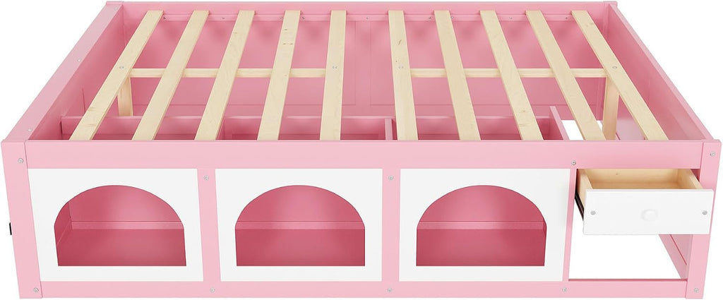 Bellemave Queen Size Kids Bed with Display Cabinet, LED Light and Drawer, Wood Queen Platform Bed with Bookshelf, BedFrames for Kids, Adults, Pink+White