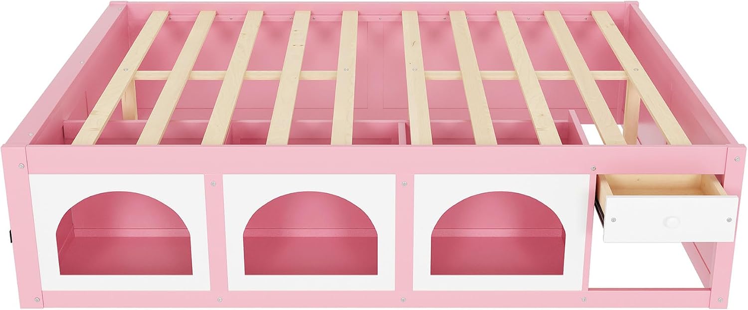 Bellemave Queen Size Kids Bed with Display Cabinet, LED Light and Drawer, Wood Queen Platform Bed with Bookshelf, BedFrames for Kids, Adults, Pink+White