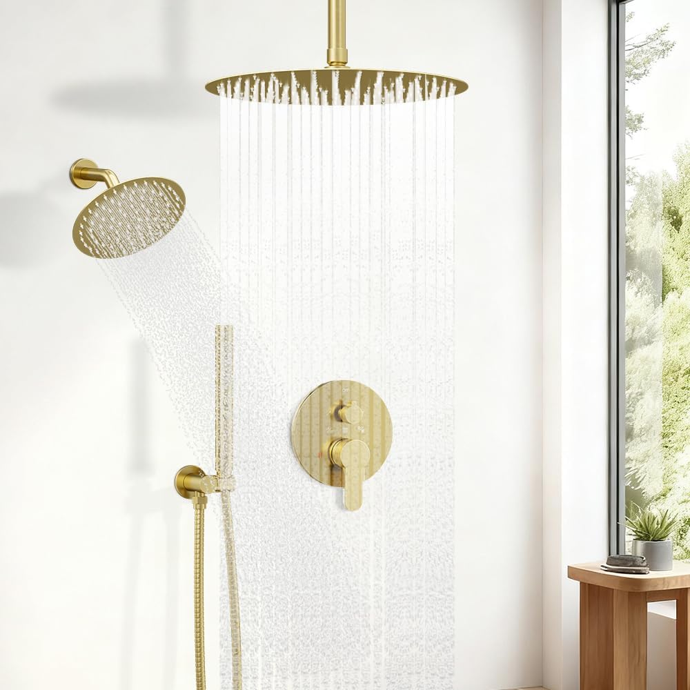 Shower Systems Shower Faucet Sets STARBATH 3 Way 12+6' Round Dual Rainfall Shower Head with Handheld Spray Combo, Ceiling Mounted Rain Shower Valve with 5 Diverter and Trim Kit Complete, Brushed Gold