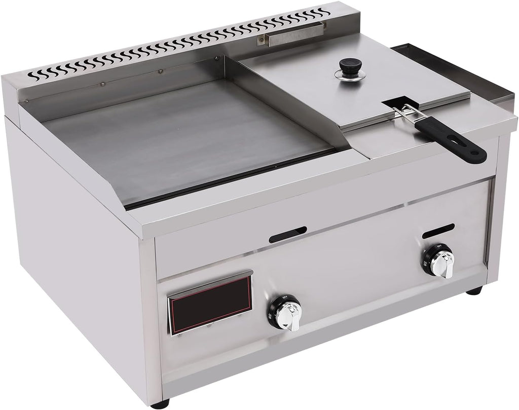Commercial Deep Fryer with Griddle, Gas Propane Flat Top Griddle & Countertop Deep Gas Fryer, Outdoor Multi-function Griddle with Basket & Lid Restaurant Home Kitchen