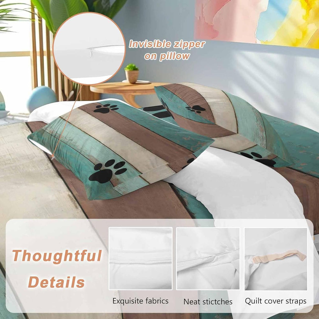 Farmhouse Duvet Cover Set Queen Size 4 Pieces Cute Animal Claws Vintage Green Brown Wood Grain Bedding Set with Zipper Closure, 1 Comforter Cover 92x106 Inches 1 Flat Sheet & 2 Pillow Cases