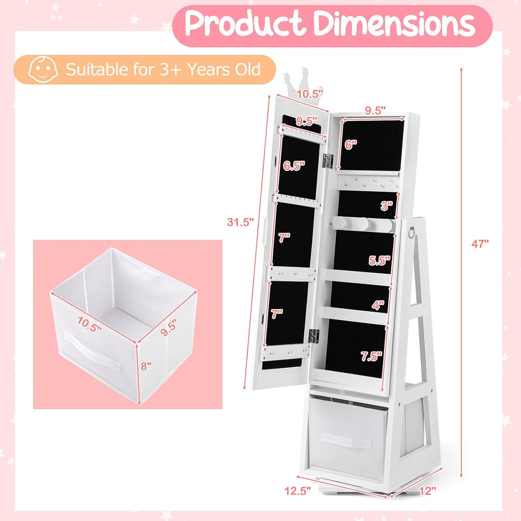 Costzon Kids Vanity & Jewelry Armoire Cabinet, Kids Makeup Vanity Table and Chair Set, 360° Swivel Standing Jewelry Organizer with Full-Length Mirror, Kids Bedroom Furniture Set for Girls (White)
