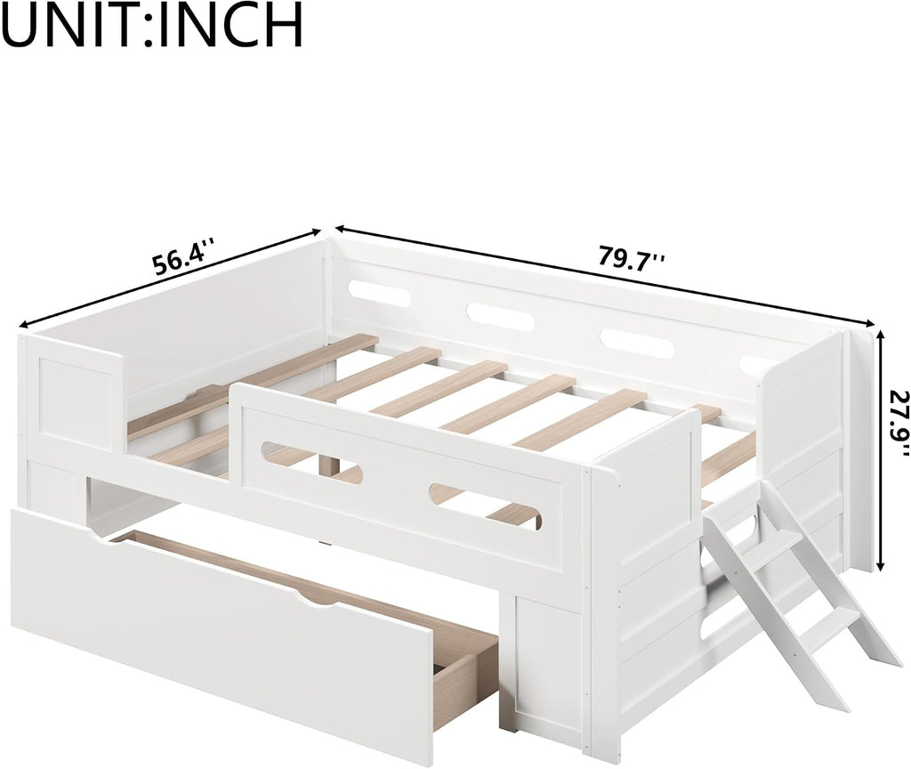 VilroCaz Modern Full Size Platform Bed with Guardrail and Large Drawer, Wood Kids Platform Bed Frame with Two-Step Ladder for Boys Girls, Sturdy Slats Support (White-1.12F)