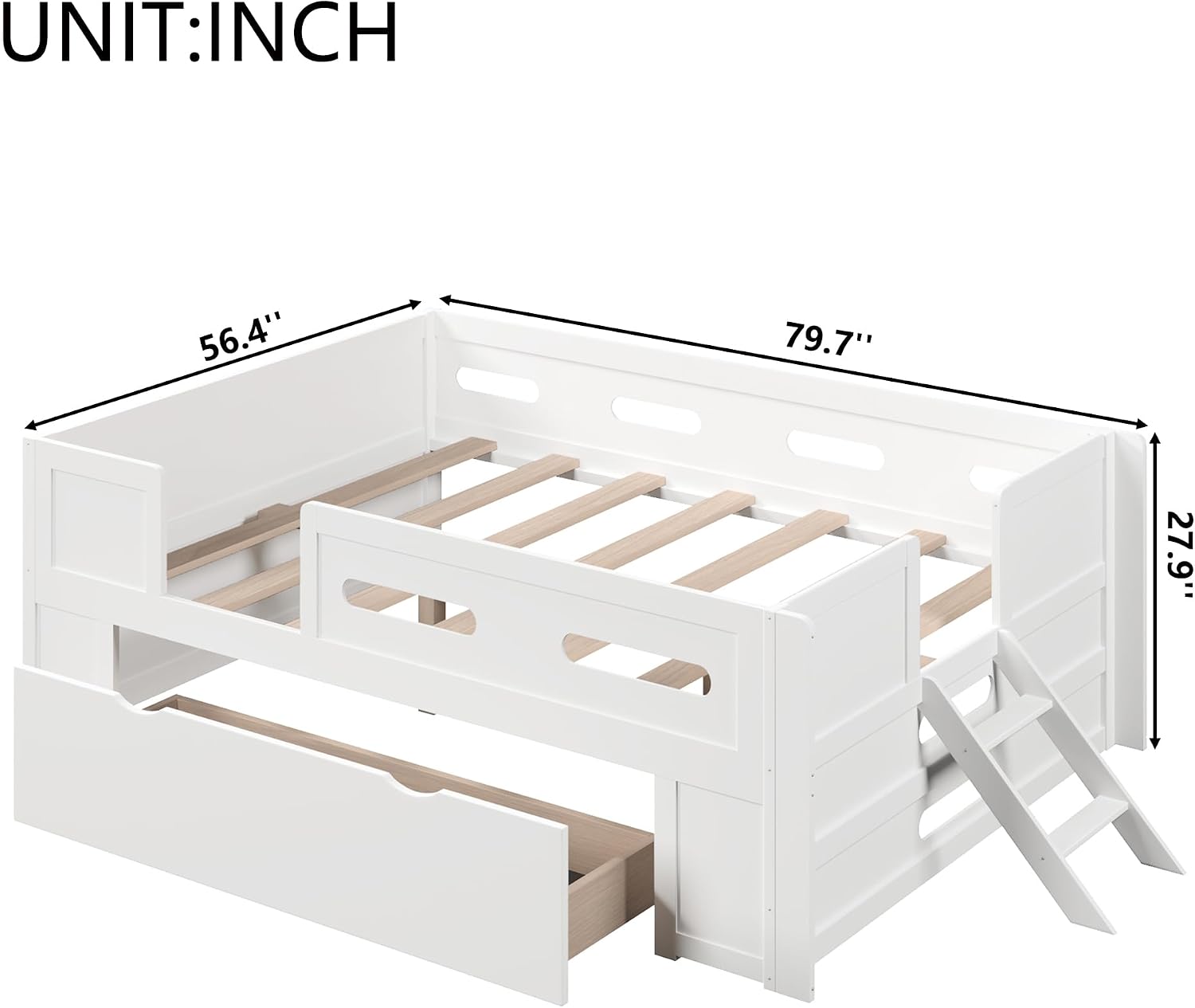 VilroCaz Modern Full Size Platform Bed with Guardrail and Large Drawer, Wood Kids Platform Bed Frame with Two-Step Ladder for Boys Girls, Sturdy Slats Support (White-1.12F)