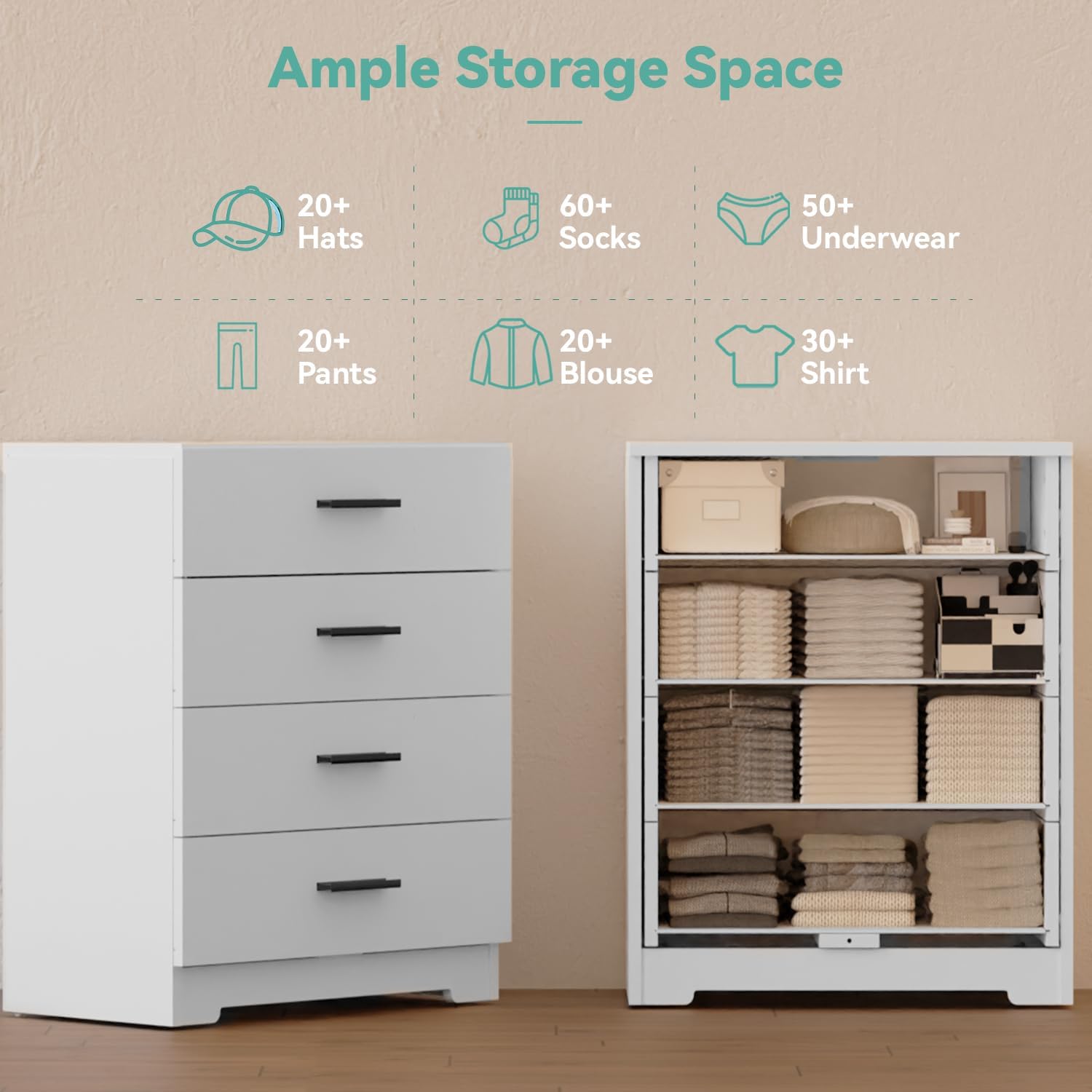 FJTJBSI Dresser with Power Outlets Wooden 4 Drawer Dresser with USB and Type C Port Chest of Drawers for Bedroom Tall White Organizer Storage for Living Room Hallway Closet