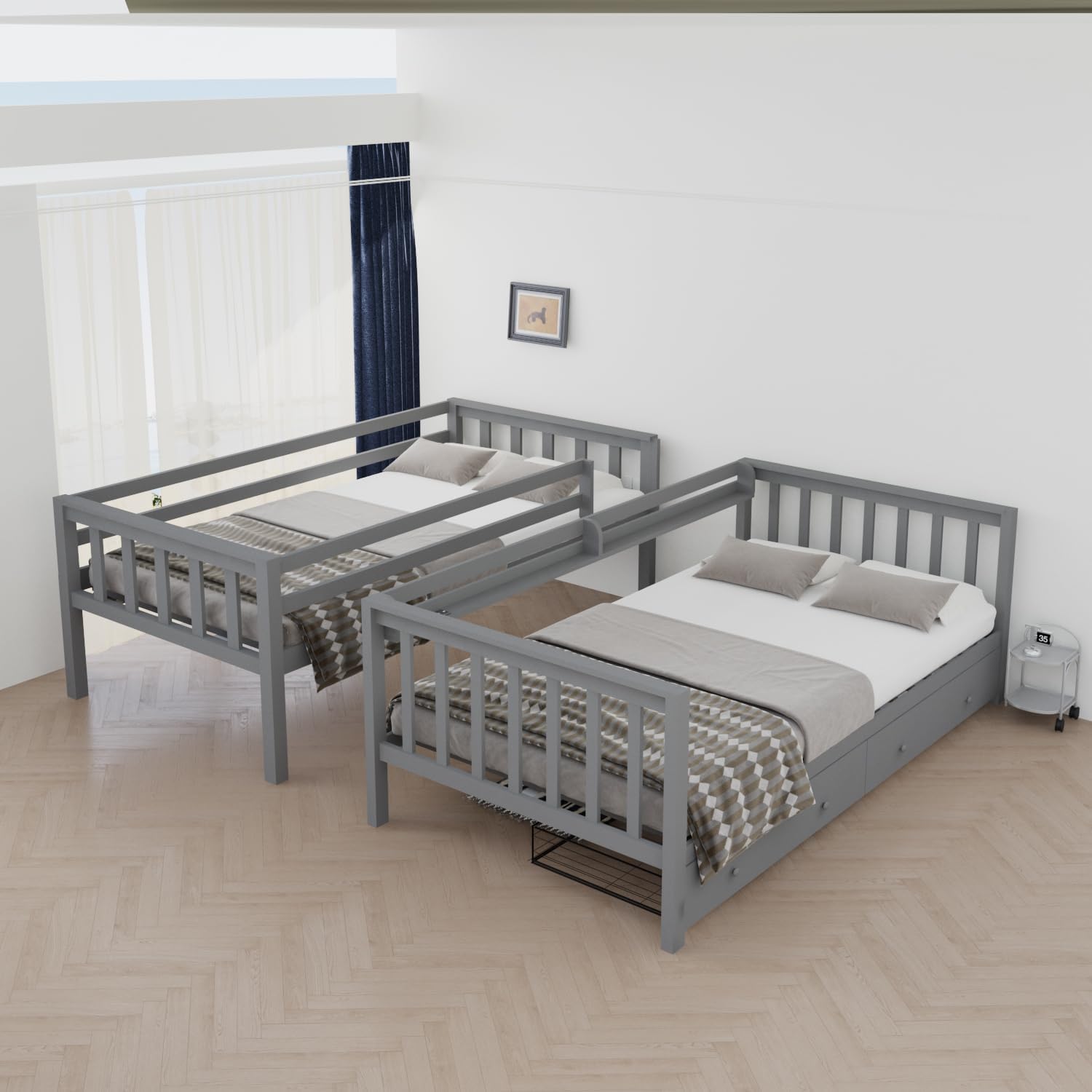 FJTJBSI Solid Wood Bunk Bed with Charging Station and LED Lights Detachable Bunk Bed Twin Over Twin with 2 Storage Drawers Full Size Bed Frame with Guardrail and Ladder for Kids Adults Bedroom