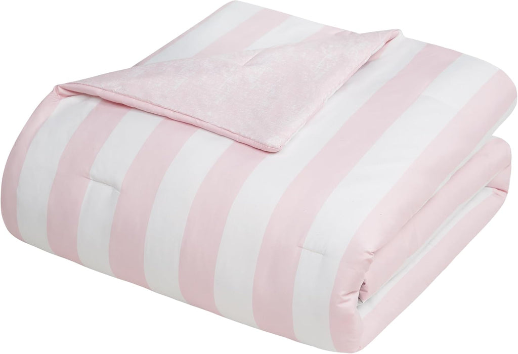 Juicy Couture Cabana Stripe Reversible Bedding Set - Queen/Full Size - Dogwood Pink/White Stripe Print – 6 Piece Set – Includes 1 90' x 90' Comforter, 3 Decorative Pillows, 2 Shams