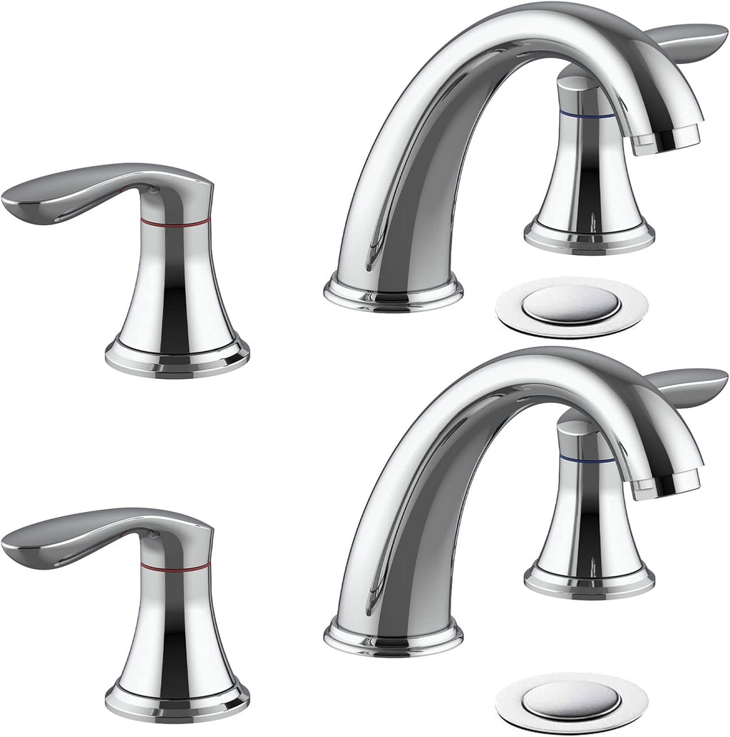 Bathroom Sink Faucet, Faucet for Bathroom Sink, Widespread Chrome Bathroom Faucet 3 Hole with Stainless Steel Pop Up Drain and cUPC Lead-Free Hose - (Chrome 2 Packs)