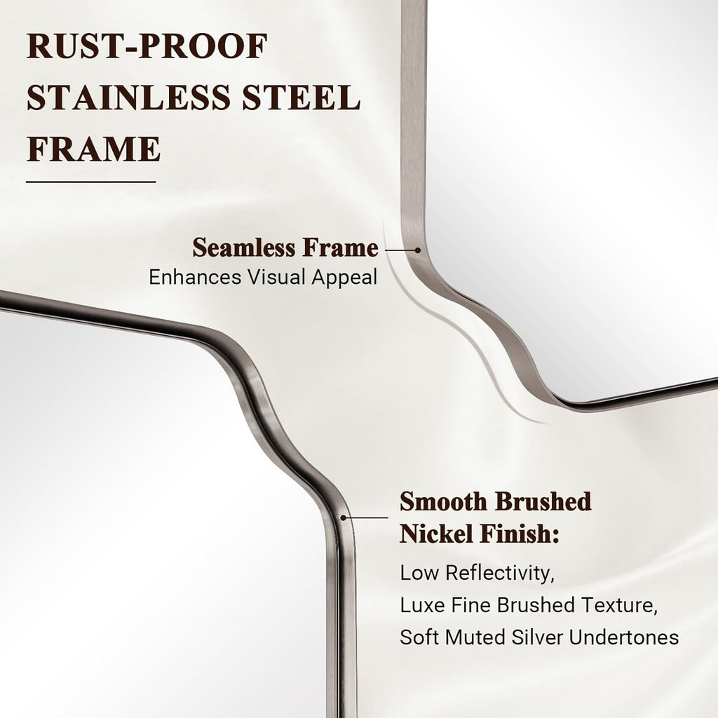 ANDY STAR 20x30 Inch Brushed Nickel Mirror, Silver Bathroom Mirror, Modern Rounded Notched Corner Mirror in Rustproof Stainless Steel Thin Frame, Compact Size Ideal for Small Bathroom Remodel