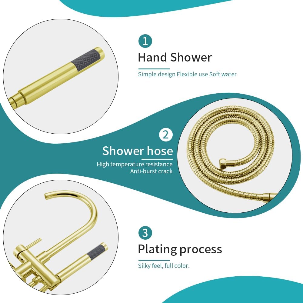 Floor Mount Bathtub Faucet, Freestanding Tub Filler, Standing Swivel Spout Shower Faucets Shower Mixer Taps with Cylinder Handheld Shower (Brushed Gold, With Embedded Box)