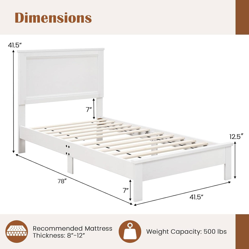 GOFLAME Twin Size Wood Bed Frame, Mid-Century Modern Platform Bed with Headboard, Solid Wood Legs, Mattress Foundation with 12 Wooden Slats, No Box Spring Needed, White