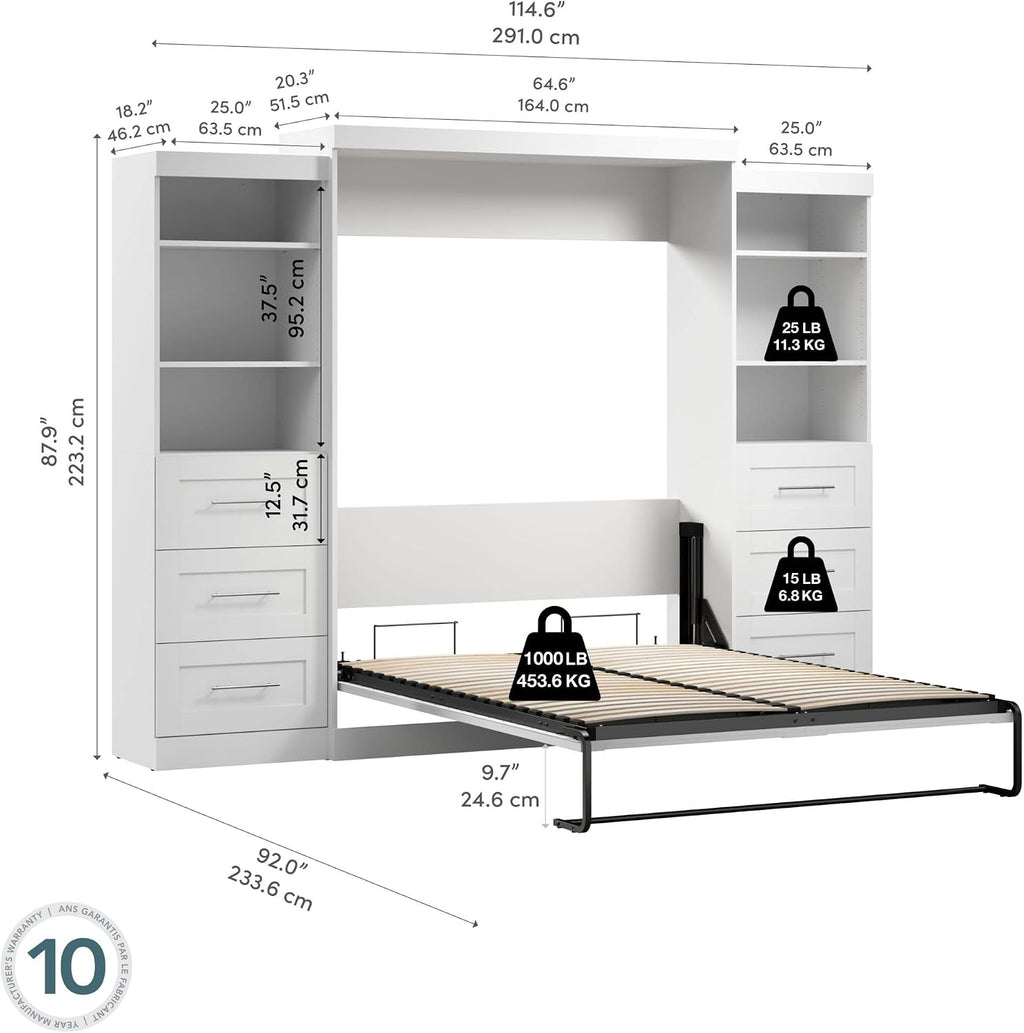 Bestar Pur Queen Murphy Bed and 2 Shelving Units with Drawers, 115-inch Space-Saving Sleeping Arrangement for Multipurpose Area, Bedroom, Guest Room, or Living Room