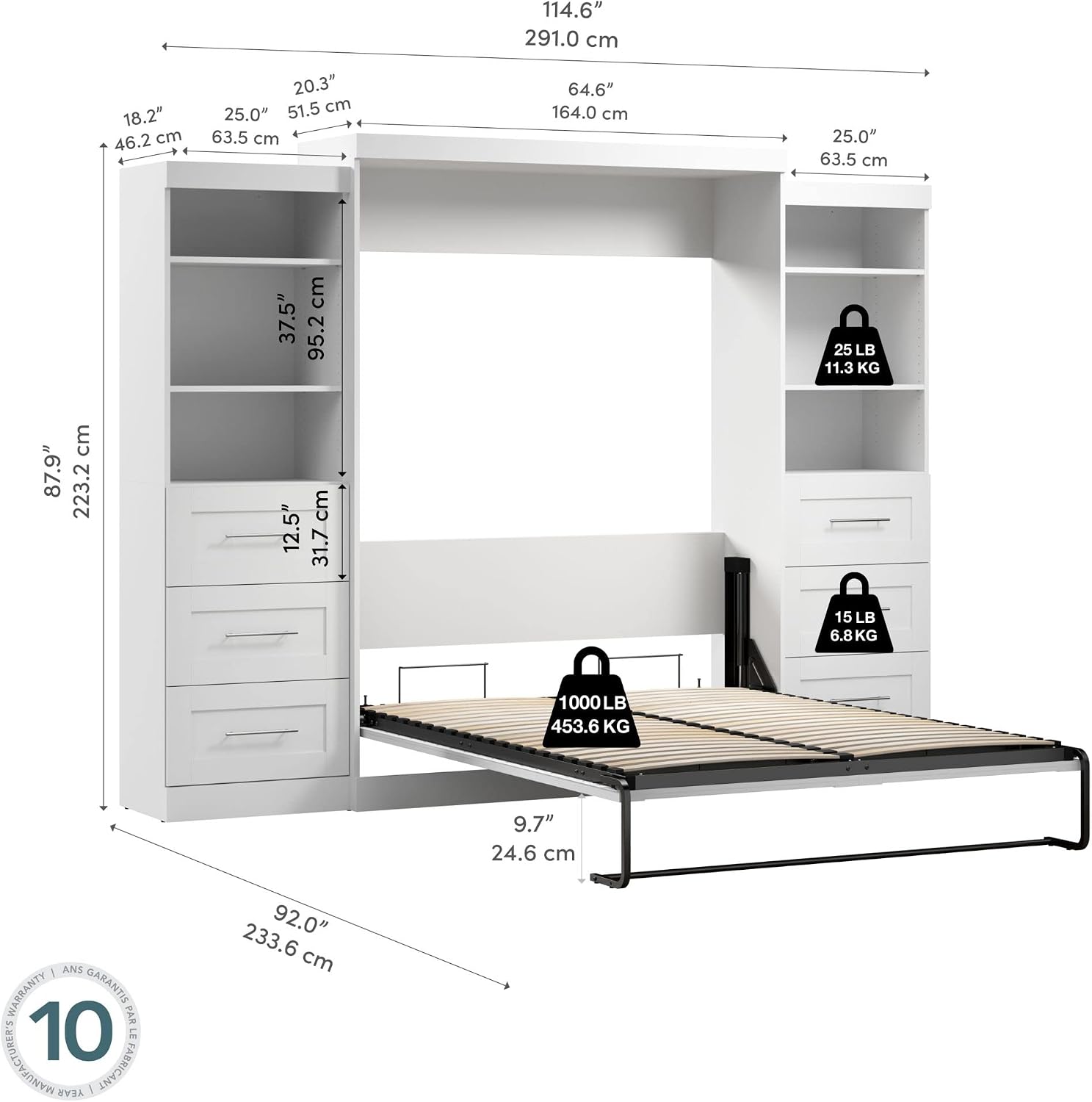 Bestar Pur Queen Murphy Bed and 2 Shelving Units with Drawers, 115-inch Space-Saving Sleeping Arrangement for Multipurpose Area, Bedroom, Guest Room, or Living Room