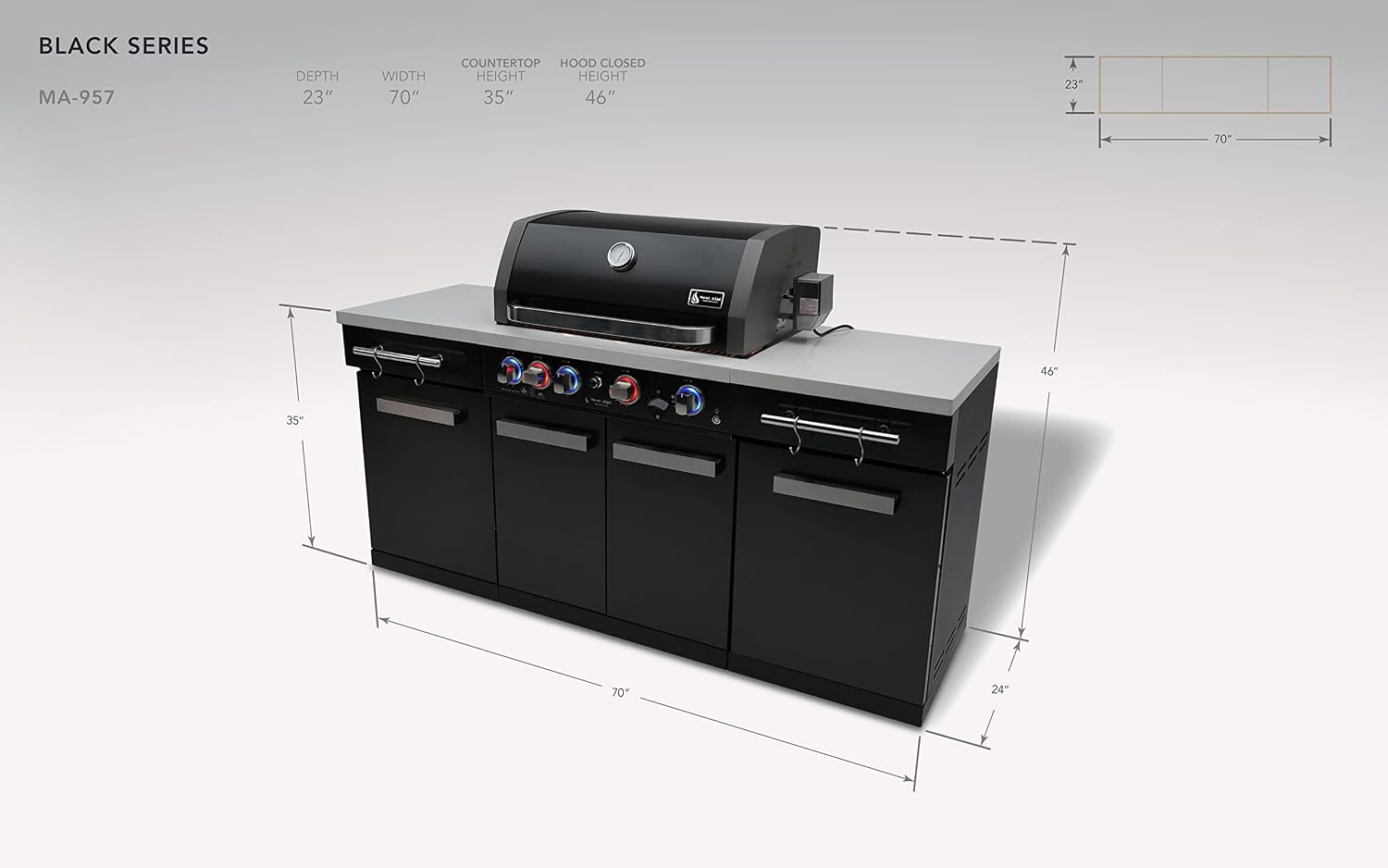 Mont Alpi Premium 70'W x 24'D Black Stainless Steel Outdoor Kitchen Island with 32'W 4-Burner BBQ Grill plus Accessory Bundle - Natural Gas Conversion Kit + Dual Sided Griddle Plate + Charcoal Tray