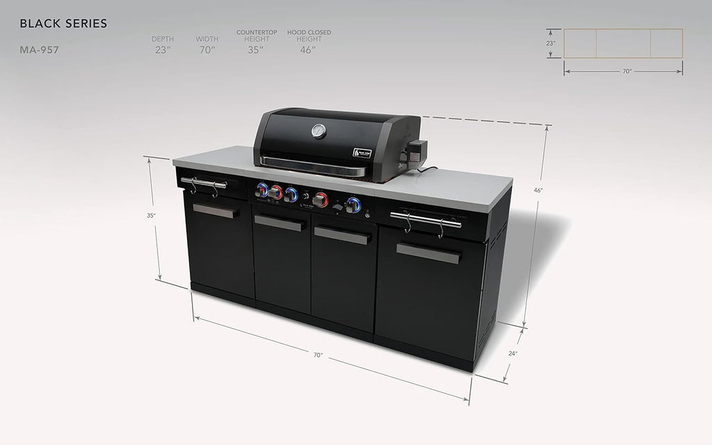 Mont Alpi Premium 70'W Black Stainless Steel Compact Outdoor Kitchen Island with 32'W 4-Burner BBQ Gas Grill + Universal Flat Top Griddle + Pizza Peel + Cleaning Brush + Spatulas + Tongs + Scraper