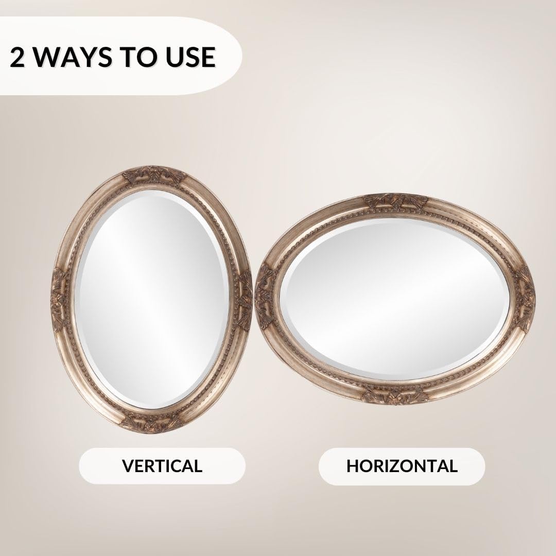 Howard Elliott Collection Queen Ann Oval Antique Silver Leaf Wall Mirror, Oval Bevelled Hanging Wood Framed Vanity Mirrors for Home Decor, Living Room, Bathroom, Bedroom, or Hallway, 25 x 33 Inch