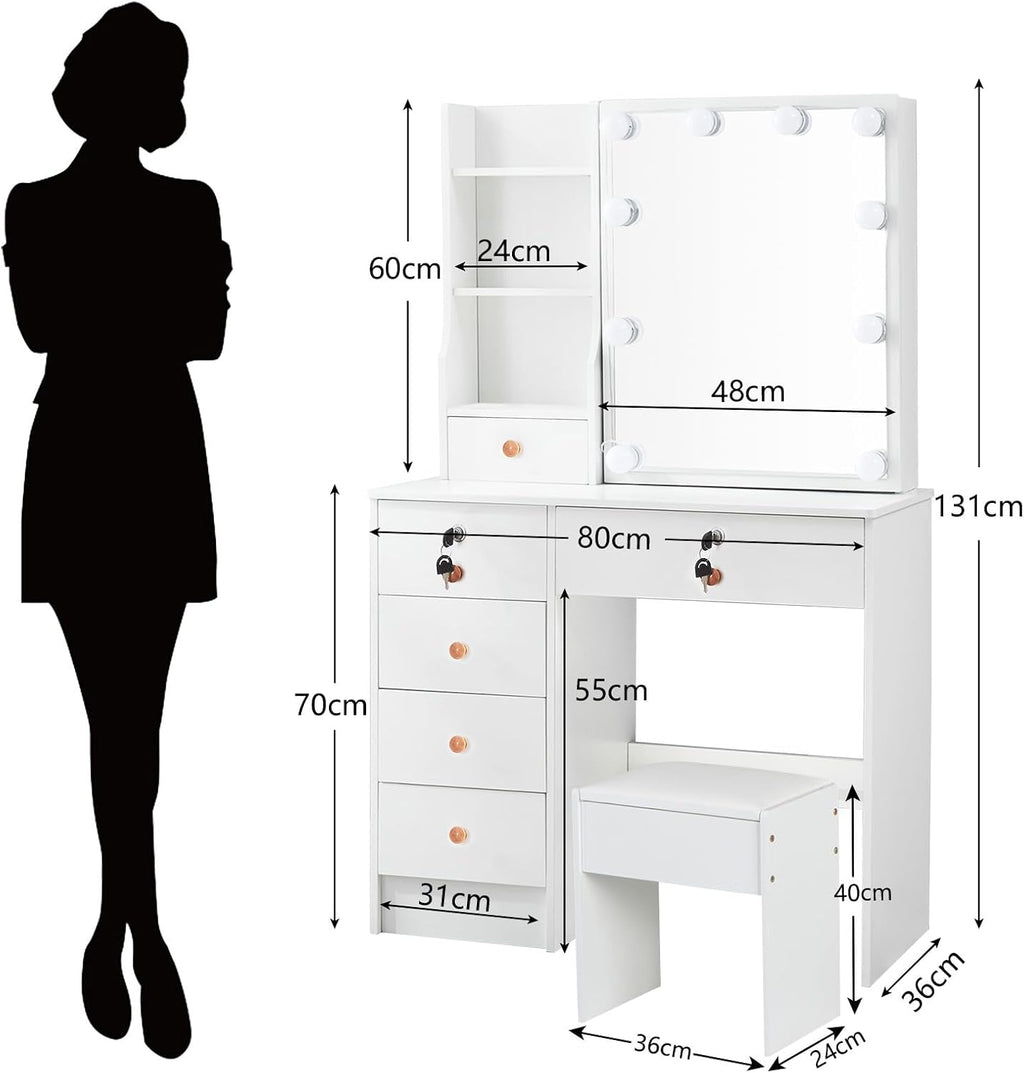 Makeup Vanity Desk with Mirror and Lights, Makeup Vanity Table and Chair Set, Makeup Desk with 6 Drawers & Storage Shelves, 3 Color Modes Adjustable, Vanity Set with Mirror, Dressing Table for Bedroom