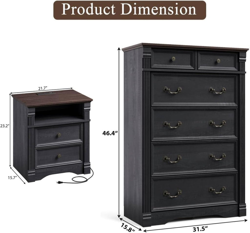 Bedroom Sets 2 Pieces, Farmhouse 6 Drawer Dresser and Nightstand Sets, Wood Furniture Set for Home, Bedroom, Living Room, Hallway, Black