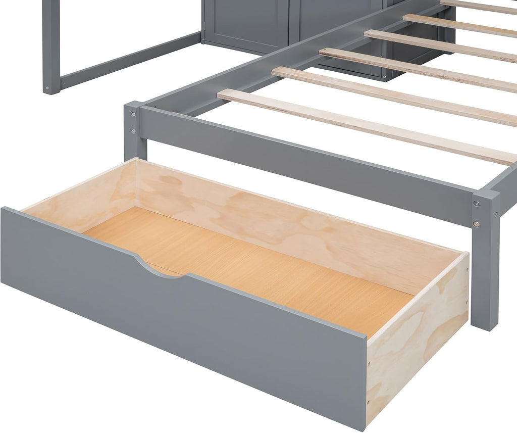 Ball & Cast Full Over Twin Bunk Bed with Safty Guardrail & Storage Stair,Wood Loft Bedframe W/Wardrobe & Drawers,Space-Saving Design,Easy Assembly,Versatile Furniture for Boys Girls Teen Bedroom,Gray