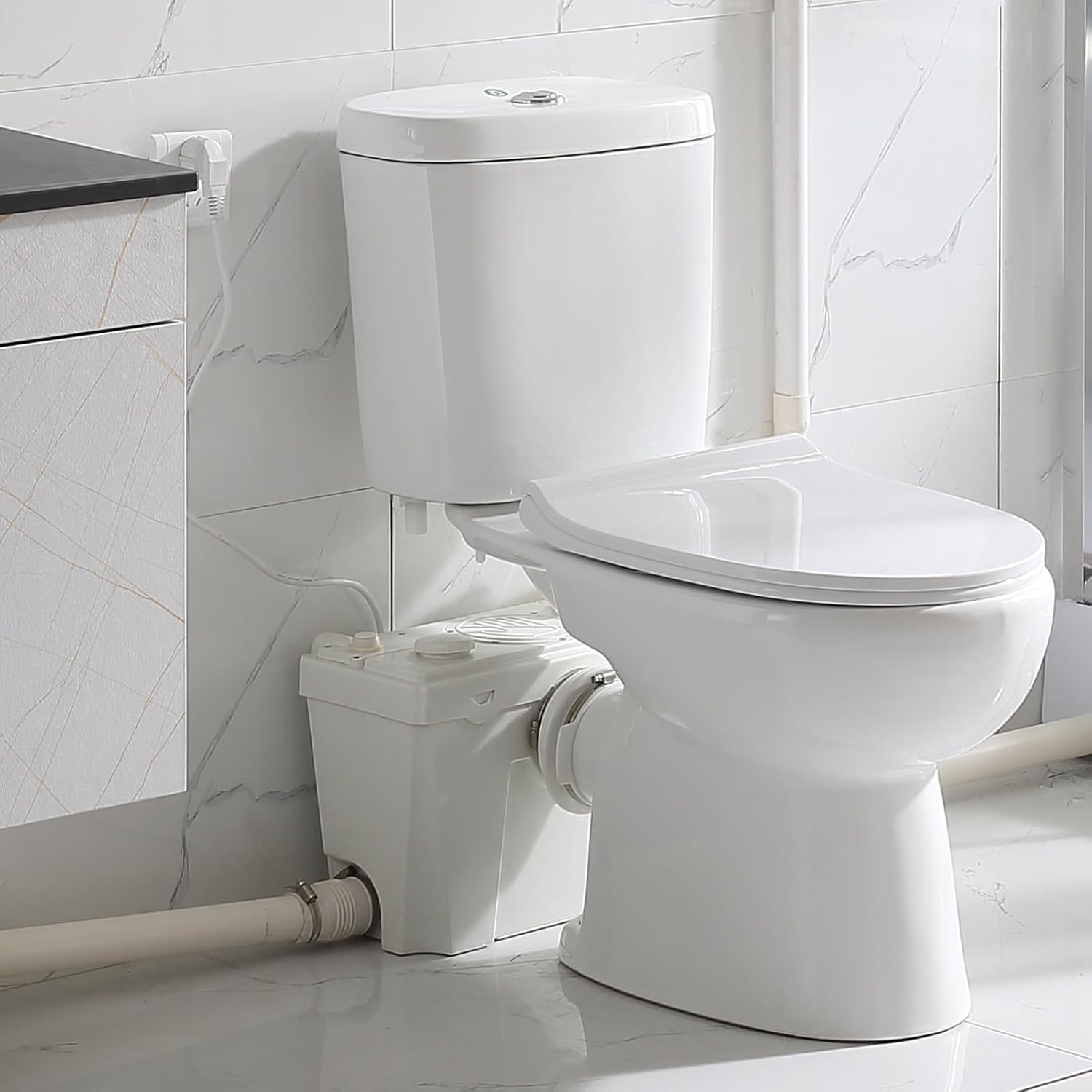 800W Upflush Toilet with Pump for Basement, Macerating Toilet System, Patented Top Access Panel, Two Piece Dual-flush Tank, 4 Inlets Macerator Grinder Sewage Pump, 36ft Head Lifting, CEC Approved