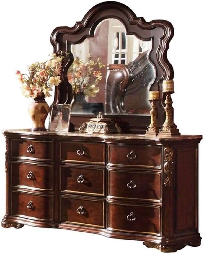 Pemberly Row Traditional Queen Bedroom Set, 4-Piece Wood Construction, Dark Walnut Finish, Upholstered Wing Headboard, Felt-Lined Drawers, Marble Tops, Beveled Mirror, Perfect for Elegant