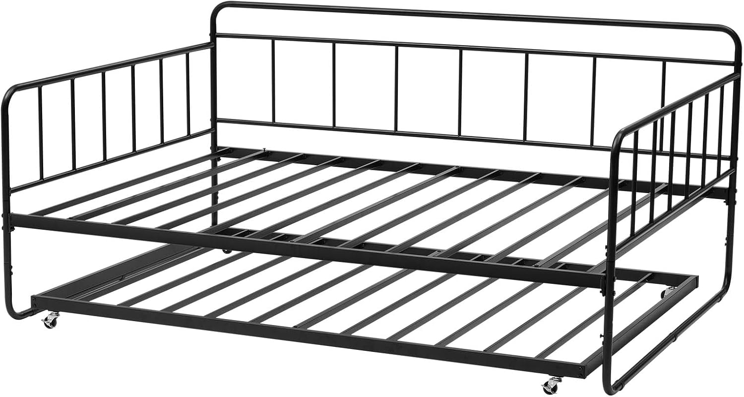 VEVOR Full Size Daybed Frame, Day Bed with Trundle, Heavy Duty Metal Platform Bed Frame, Full Daybed with Metal Slats Support for Living Room, Bedroom, Guest Room, Easy Assembly, Black