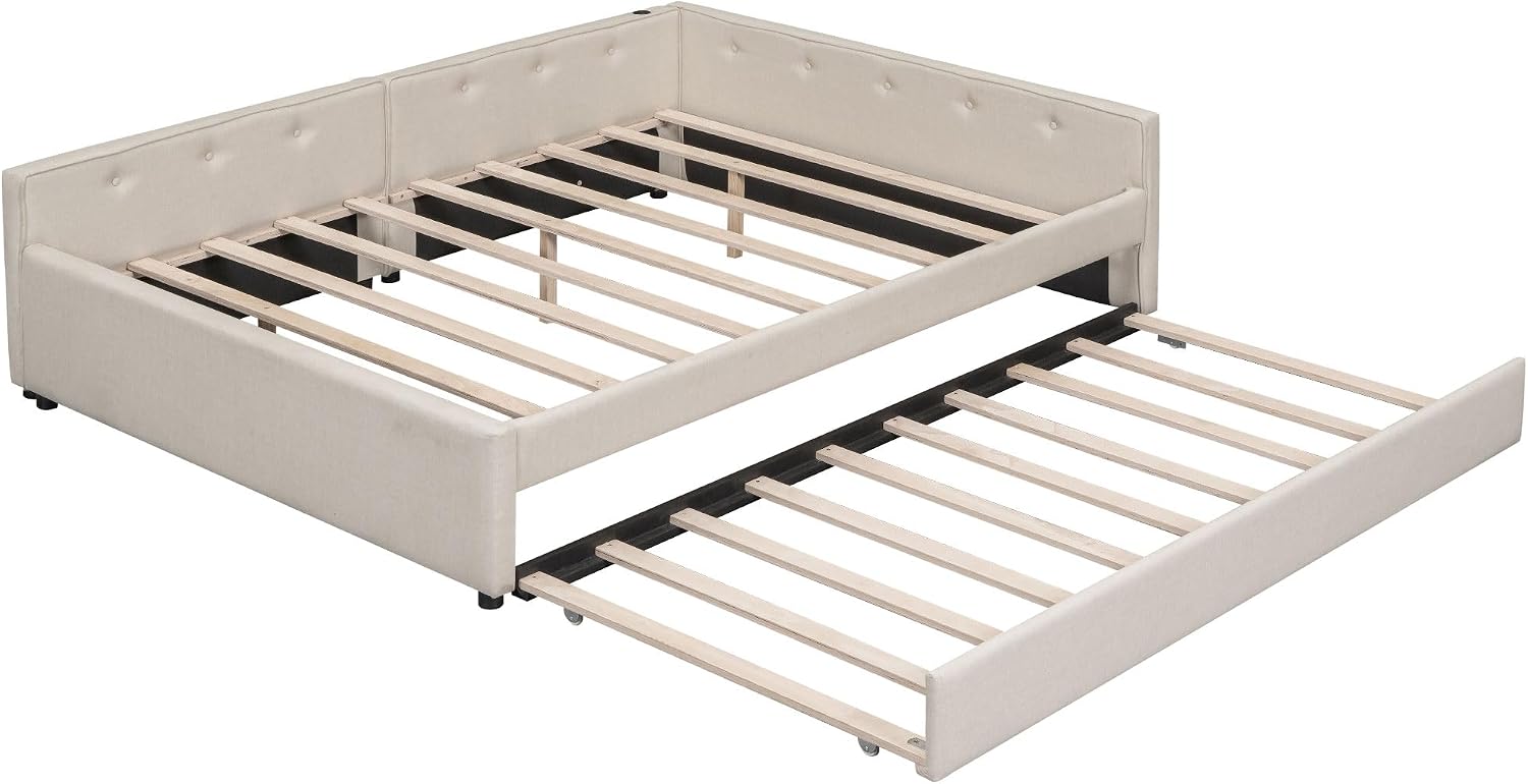JYH Queen Bed Frame with Storage - Modern Upholstered Platform Bed with Wood Slats Support, Twin Size Trundle & Convenient USB Ports, Space Saving Design for Dormitory, Apartment, Guest Room, Beige