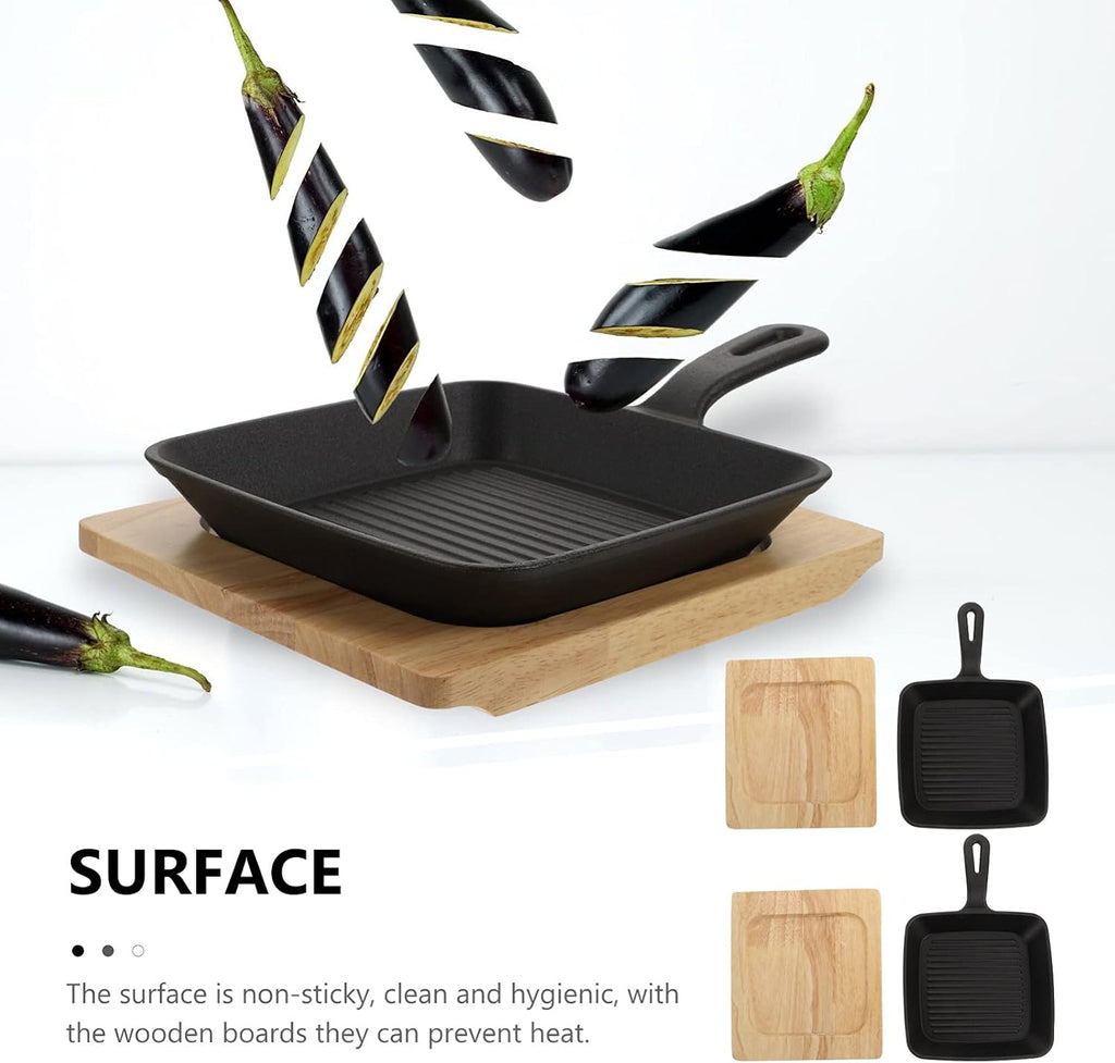 Grill Pan Frying Pan Steak Bacon Pan with Wooden Tray Deep Square Griddle Pan Iron Kitchen Grill Cookware for Steak Fish BBQ 2 Set Wok