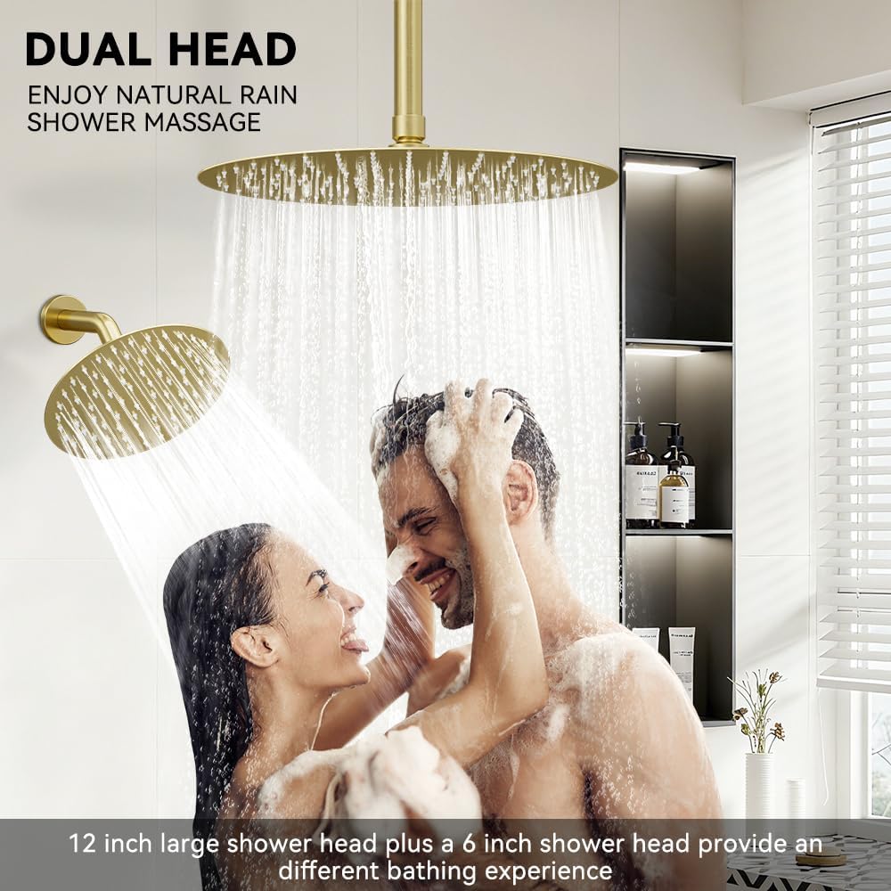Shower Systems Shower Faucet Sets STARBATH 3 Way 12+6' Round Dual Rainfall Shower Head with Handheld Spray Combo, Ceiling Mounted Rain Shower Valve with 5 Diverter and Trim Kit Complete, Brushed Gold