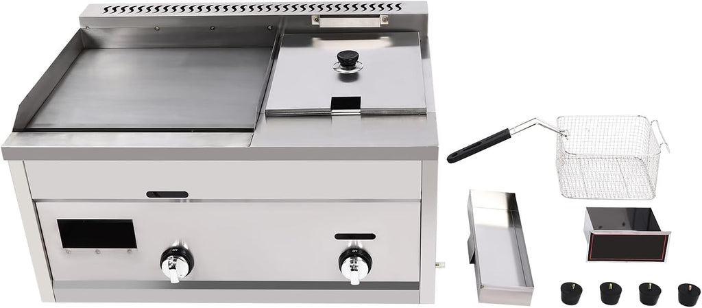 Commercial Deep Fryer with Griddle, Gas Propane Flat Top Griddle & Countertop Deep Gas Fryer, Outdoor Multi-function Griddle with Basket & Lid Restaurant Home Kitchen