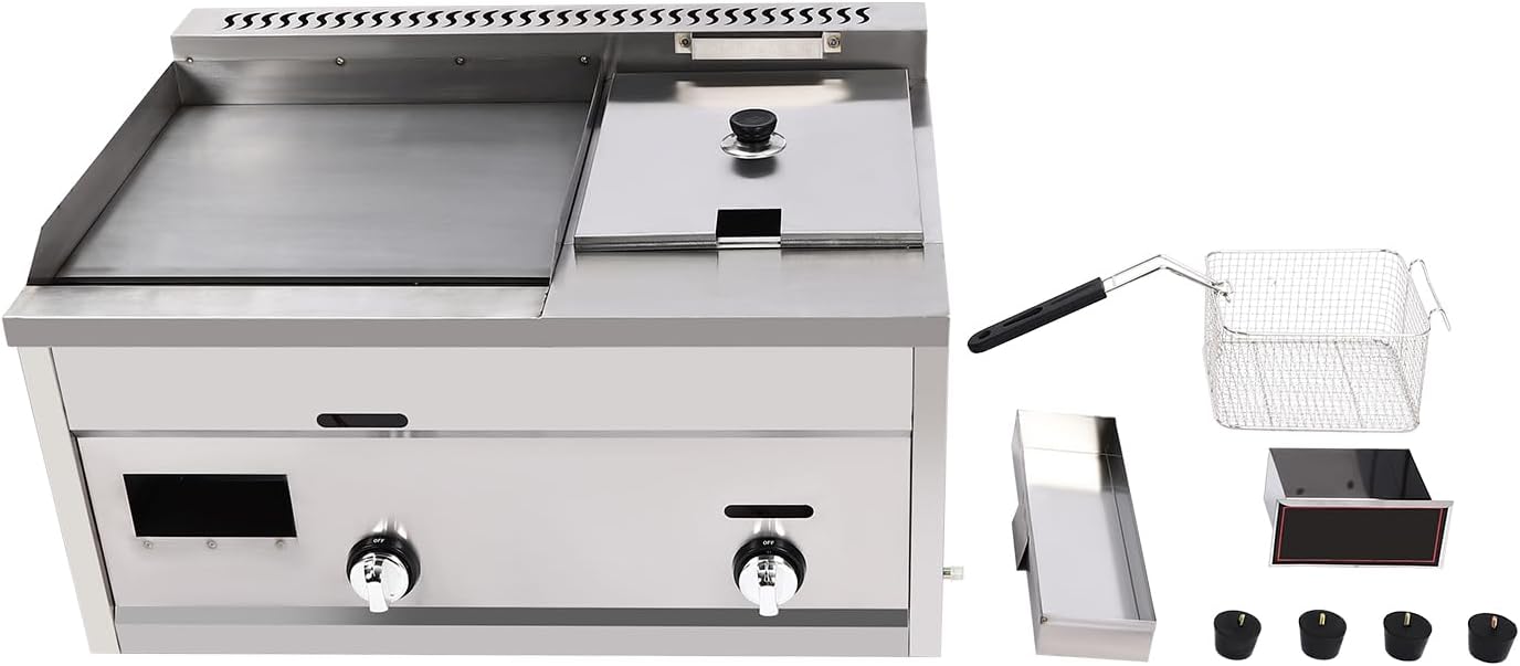 Commercial Deep Fryer with Griddle, Gas Propane Flat Top Griddle & Countertop Deep Gas Fryer, Outdoor Multi-function Griddle with Basket & Lid Restaurant Home Kitchen