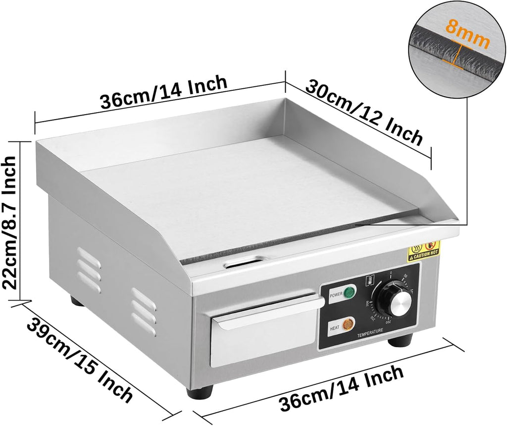 Takywep 14' Commercial Electric Griddle, Stainless Steel Countertop Griddle, Electric Flat Top Grill With Shovel Brush, Restaurant Teppanyaki Grill Cooking Equipment, Temperature Control 50°C - 300°C