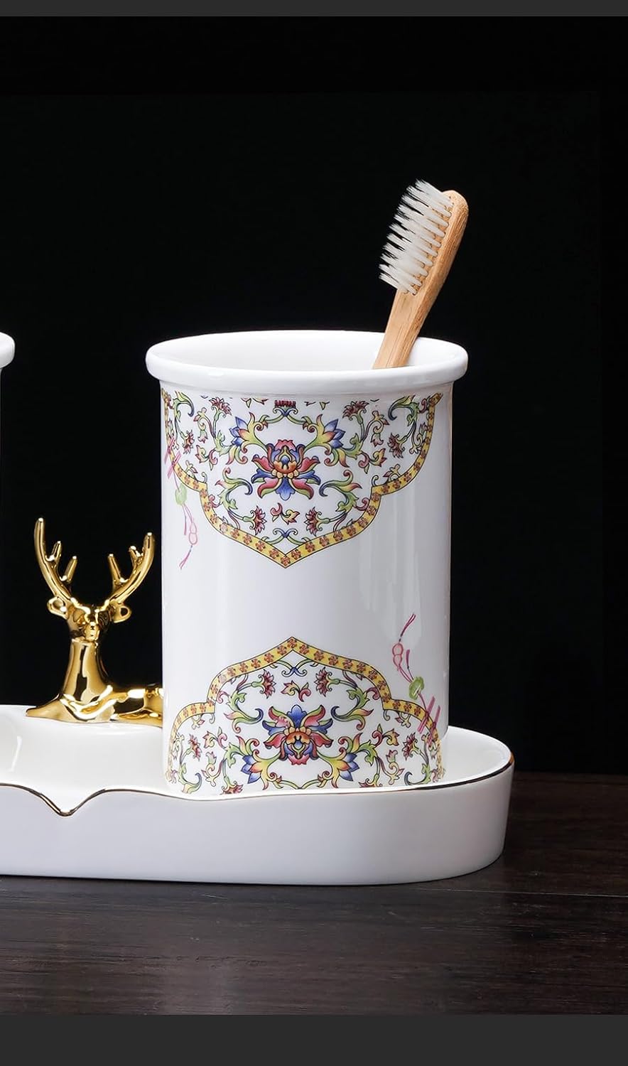 Bathroom Organizer Countertop,Soap Dispenser Bathroom Set Easter Home Decor Bathroom Accessories Set Gold Classical Enamel Pattern Vintage Elegant Western Home Decor Boho Bathroom Decor 5-Piece Enam