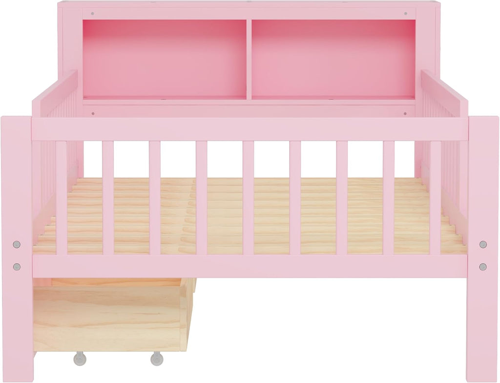 VilroCaz Wood Twin Size Platform Bed with Safety Fence for Kids Boys Girls, Platform Bed Frame with Practical Headboard and 2 Under-Bed Drawers, Sturdy Slats Support (Pink-3.15)