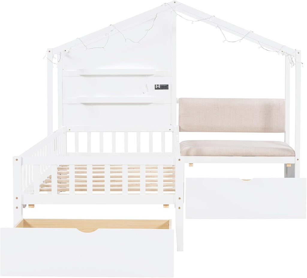 Twin Size House Bed with Upholstered Sofa and Safety Fence for Kids Boys Girls, Versatility Solid Wood Kids Platform Bed with Charging Station, Wireless Charging, Shelves and 2 Drawers (White-G1)