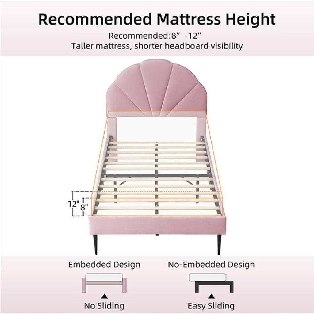 VELOCAVA Pink Twin Bed with Seashell Headboard, Velvet Upholstered Platform Bed Frame for Girls Kids with Wooden Slats Support, No Box Spring Needed, Easy Assembly, Princess Pink Bed