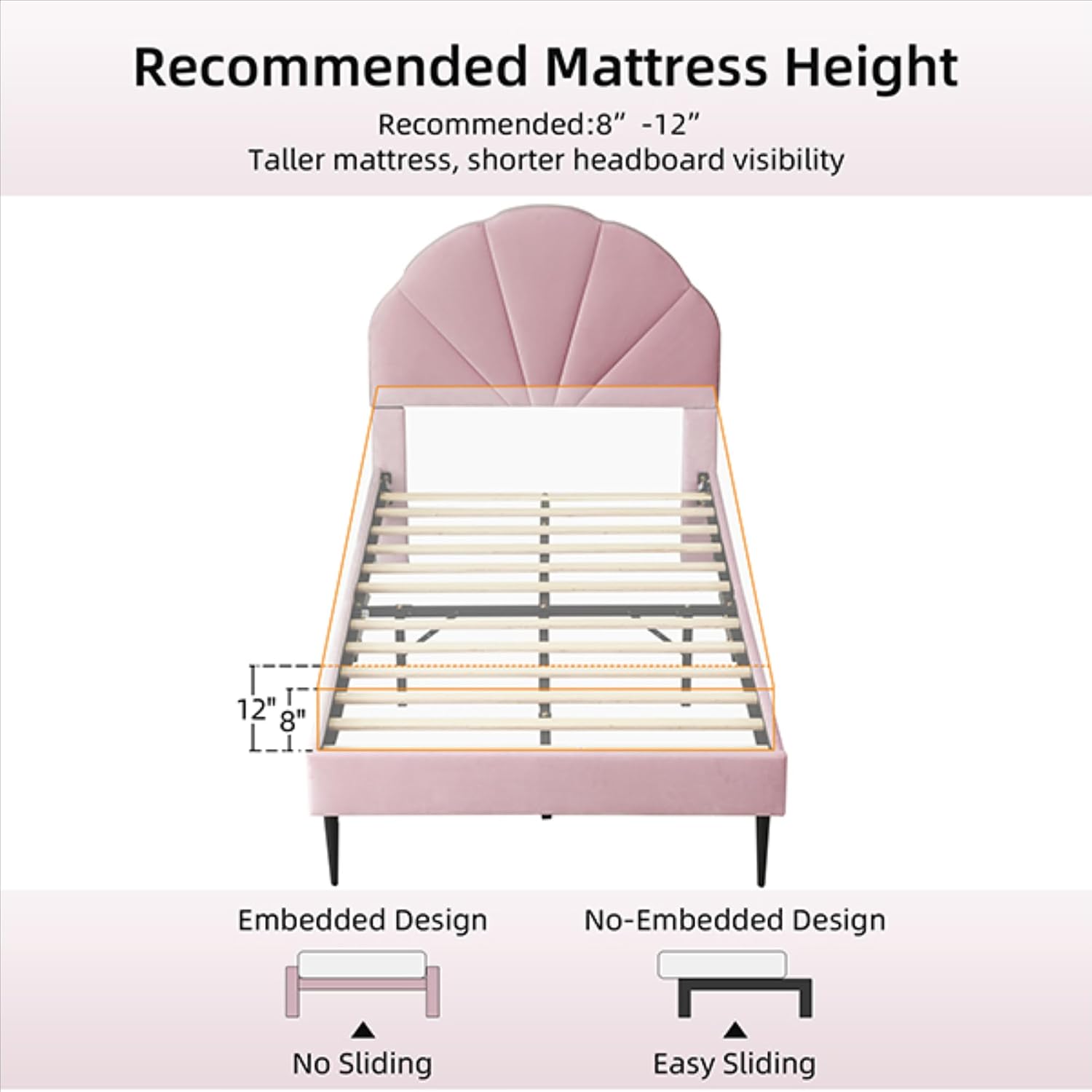 VELOCAVA Pink Twin Bed with Seashell Headboard, Velvet Upholstered Platform Bed Frame for Girls Kids with Wooden Slats Support, No Box Spring Needed, Easy Assembly, Princess Pink Bed