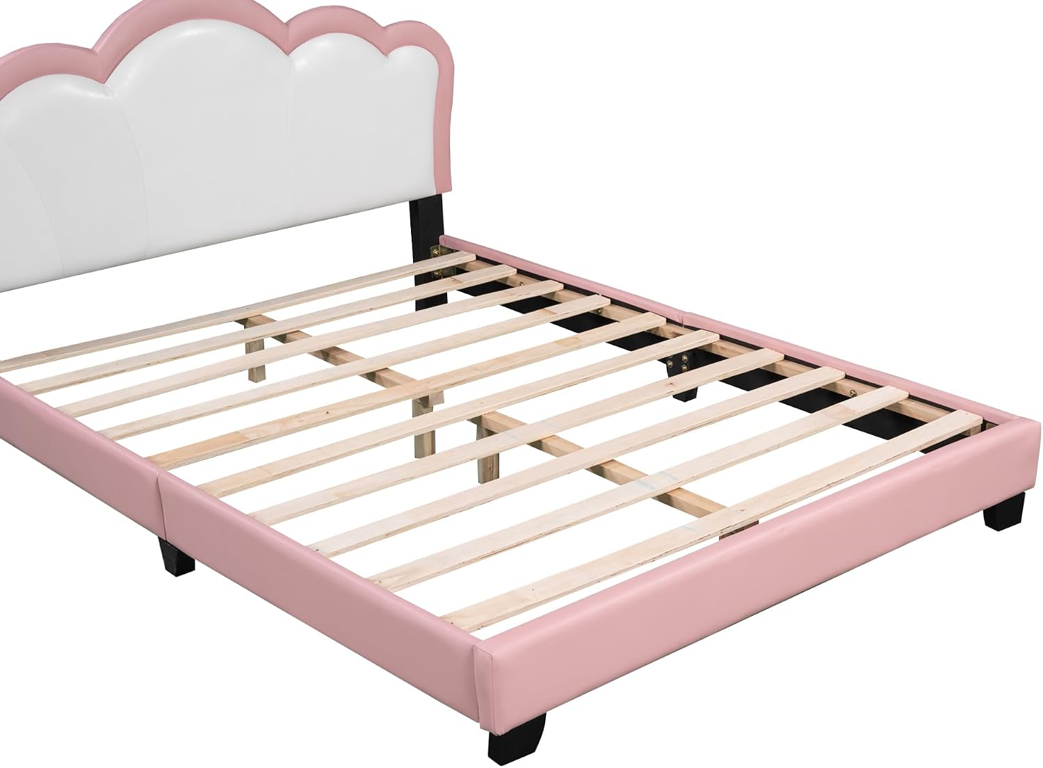 Full Size Princess Bed Frame with Crown Shaped Headboard for Kids,Upholstered Platform Bed with Slats Support,Pink Girls Bed,Full Bed for Girls Teens,Pink