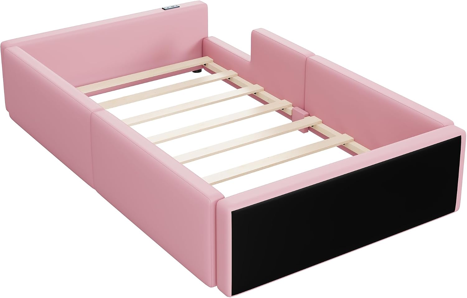 VilroCaz Twin Size Upholstered Platform Bed with Safety Guardrail, Montessori Kids Floor Bed, Child Grounded Bed with Charging Station and Sturdy Slats Support