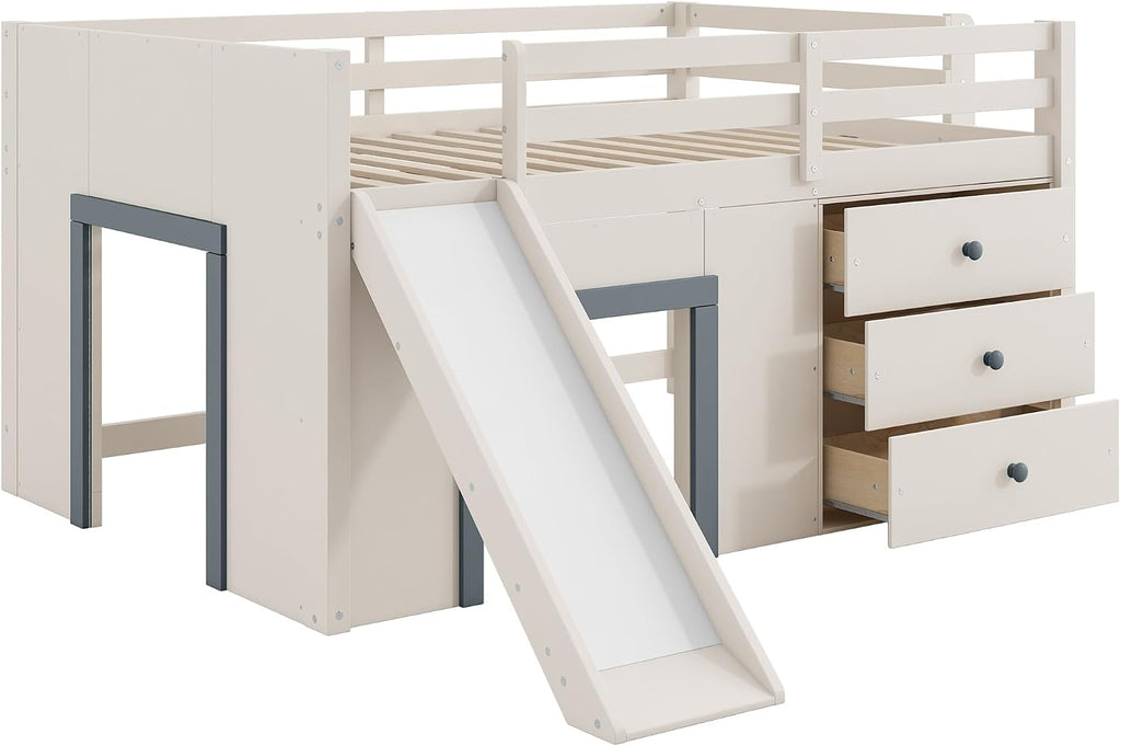 Harper & Bright Designs Low Loft Bed Full Size with Slide and Drawers for Saving Spcae, Wood Loft Bed Frame with Storage, Beige+Grey